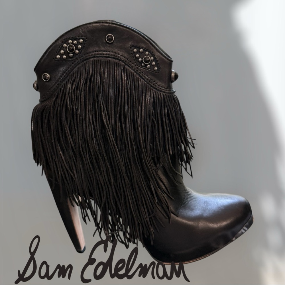 Sam Edelman black leather fringed stiletto platform ankle boots. Size 9